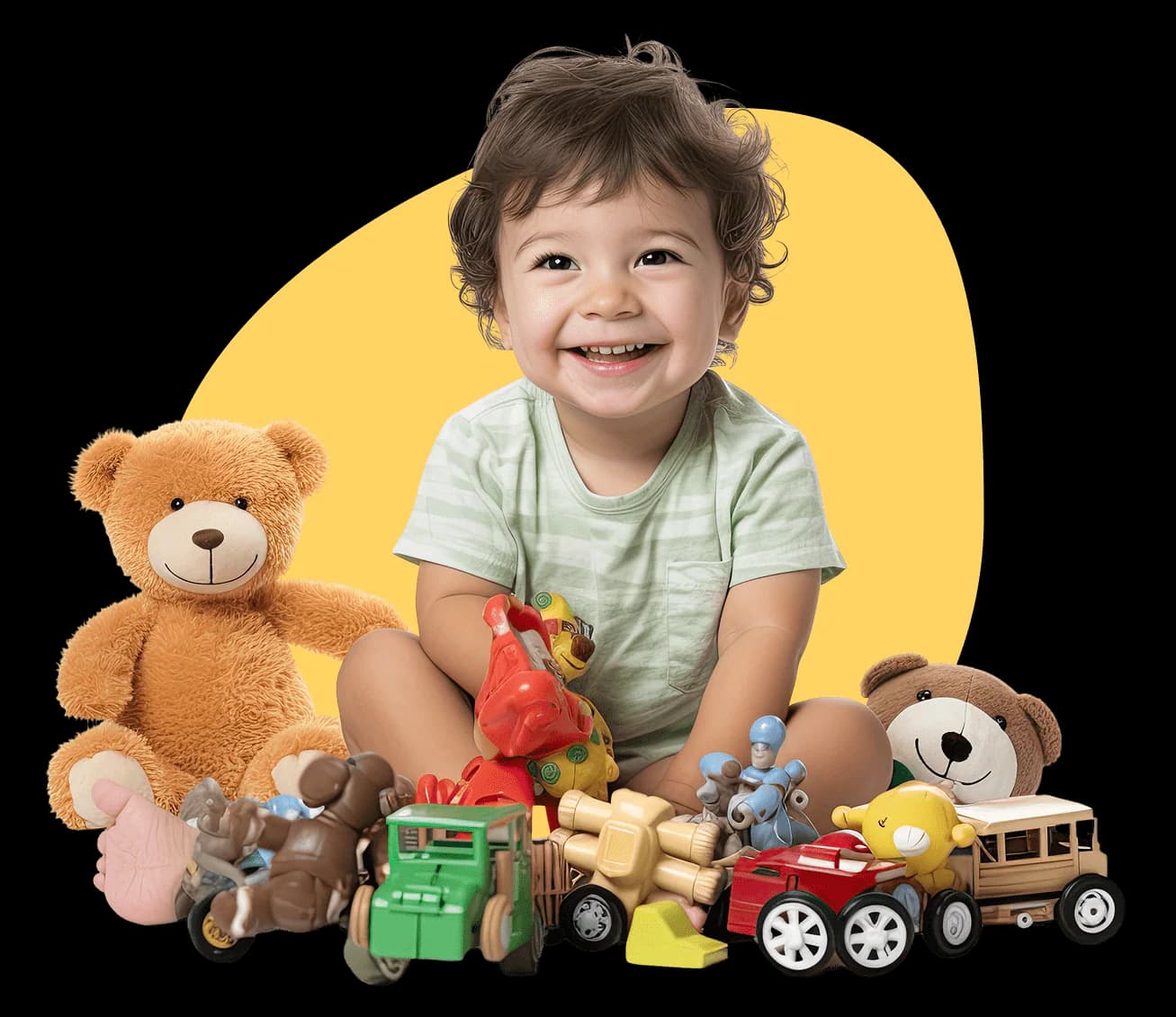 Criança pequena sorrindo, sentada e cercada por brinquedos como ursos de pelúcia e carrinhos