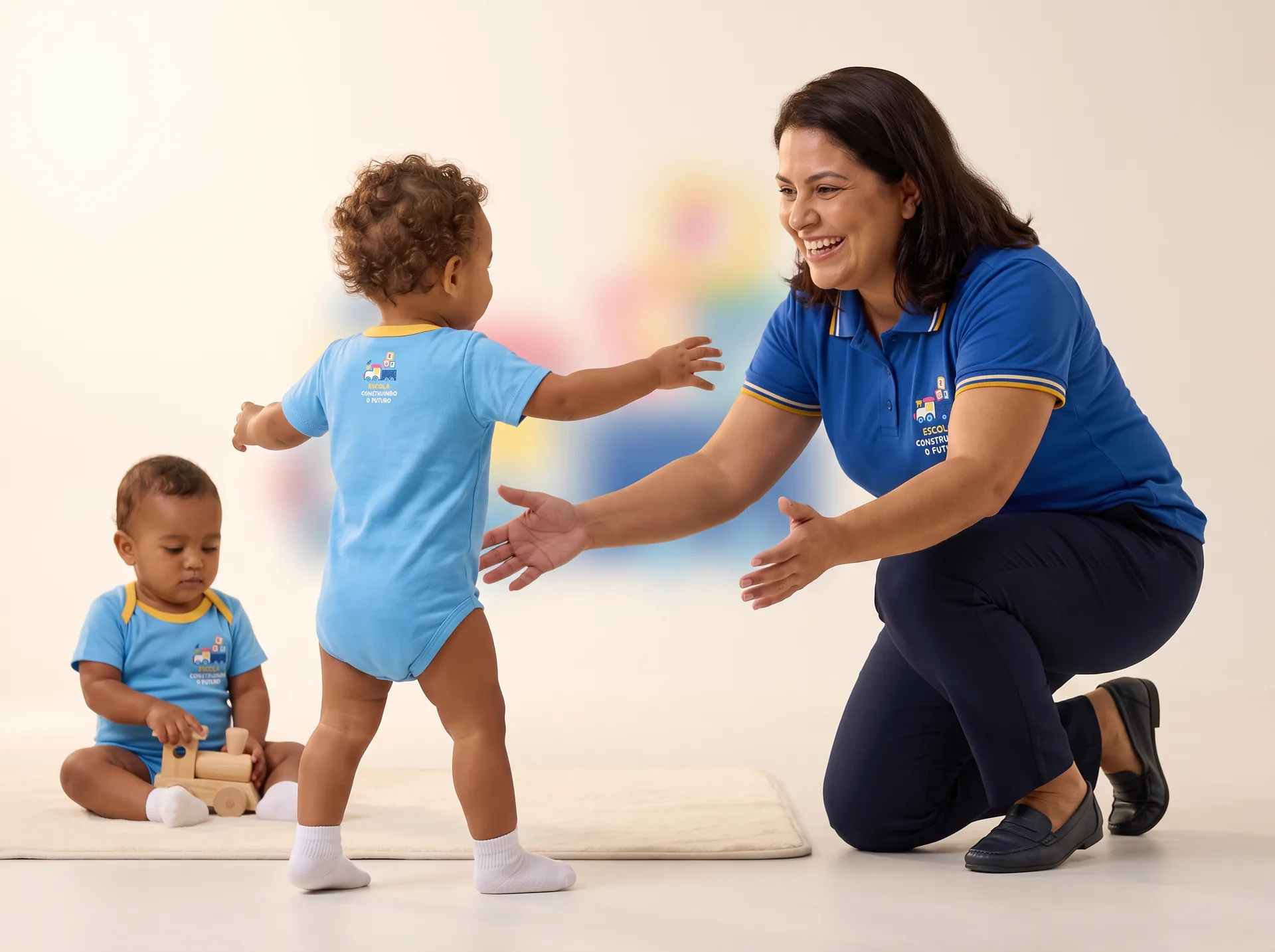 Bebê dando os primeiros passos em direção à professora, que o espera de braços abertos