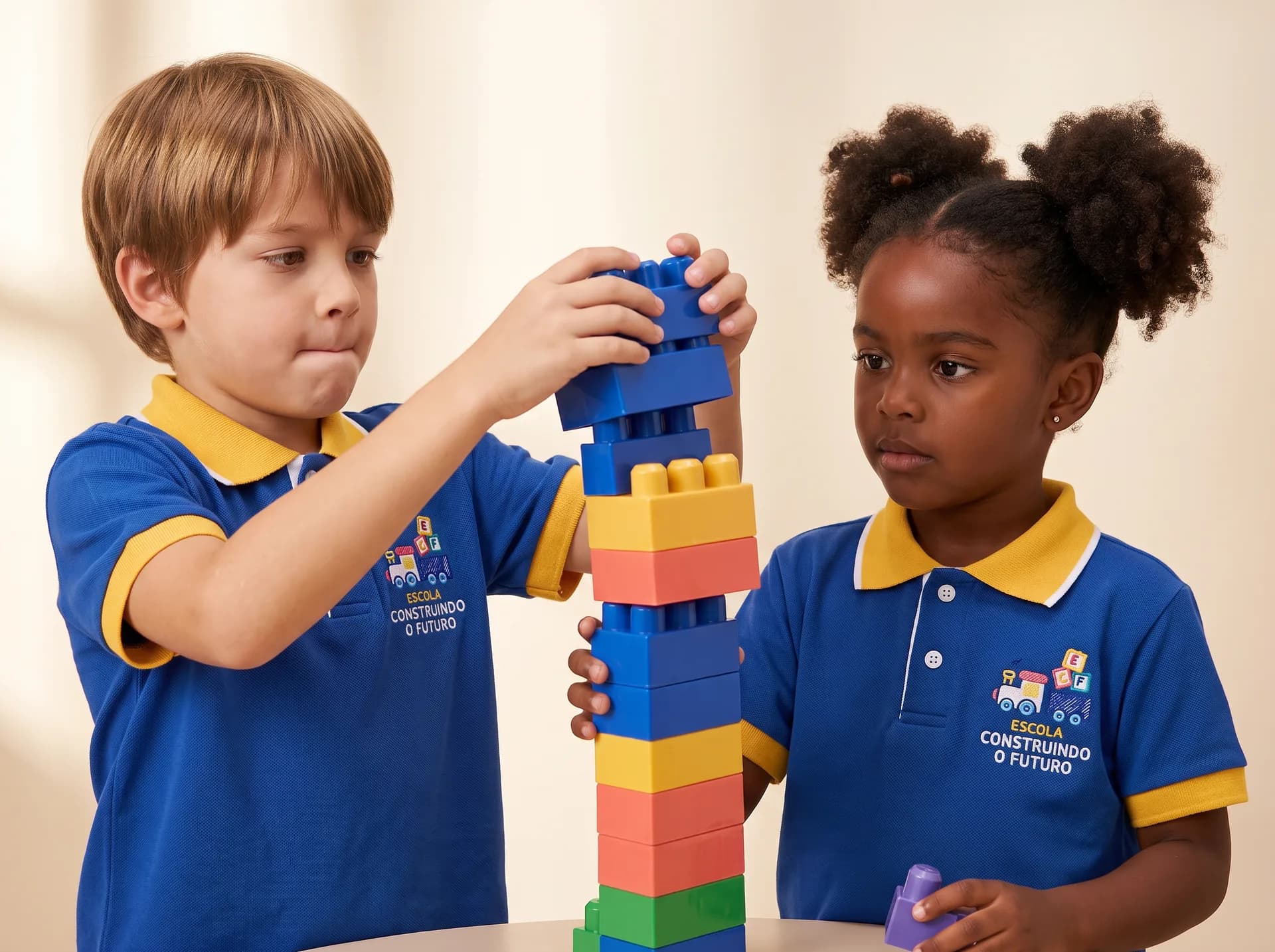 Menino e menina uniformizados construindo juntos uma torre alta de blocos de encaixe