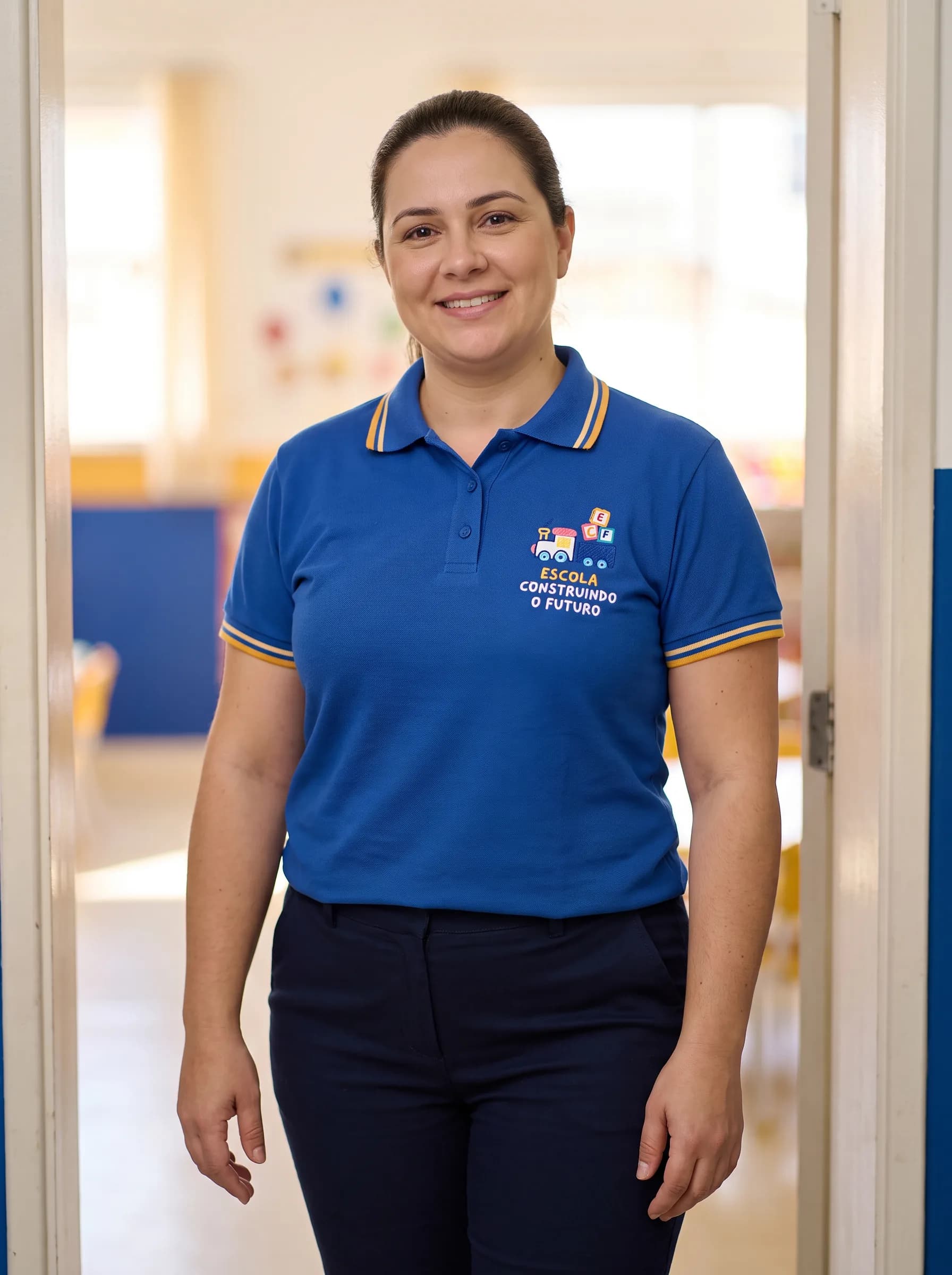 Professora da escola com a polo azul do uniforme, sorrindo na porta de uma sala